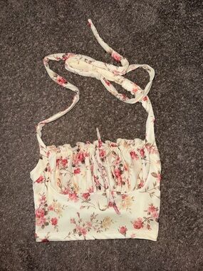 Floral Tie-Front Halter Crop Camisole - Cream with Pink Floral Print